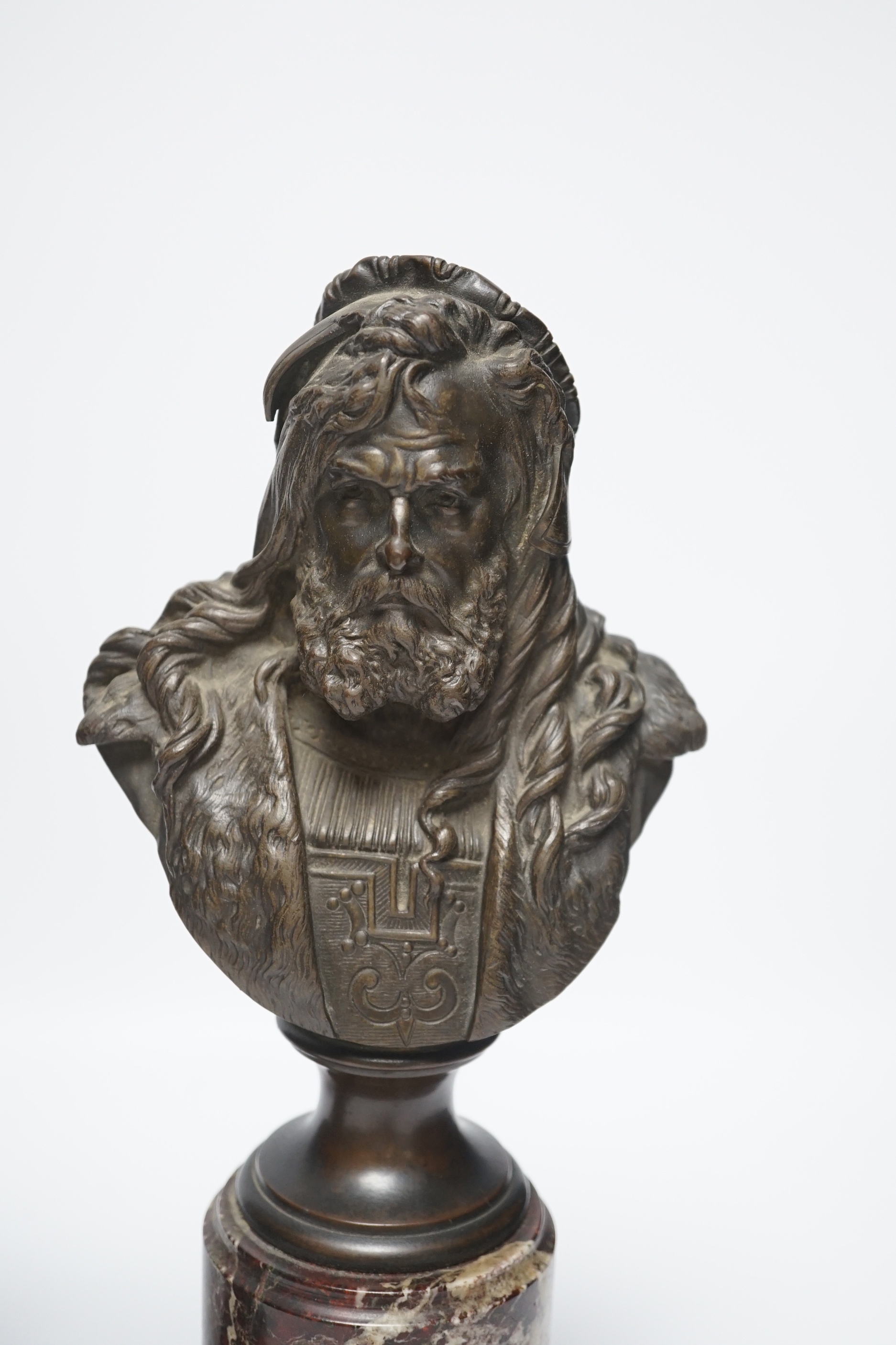 Albert-Ernest Carrier-Belleuse (1824-1887). A pair of late 19th century busts of the artists Albrecht Durer and Rembrandt, on marble columns, 33cm